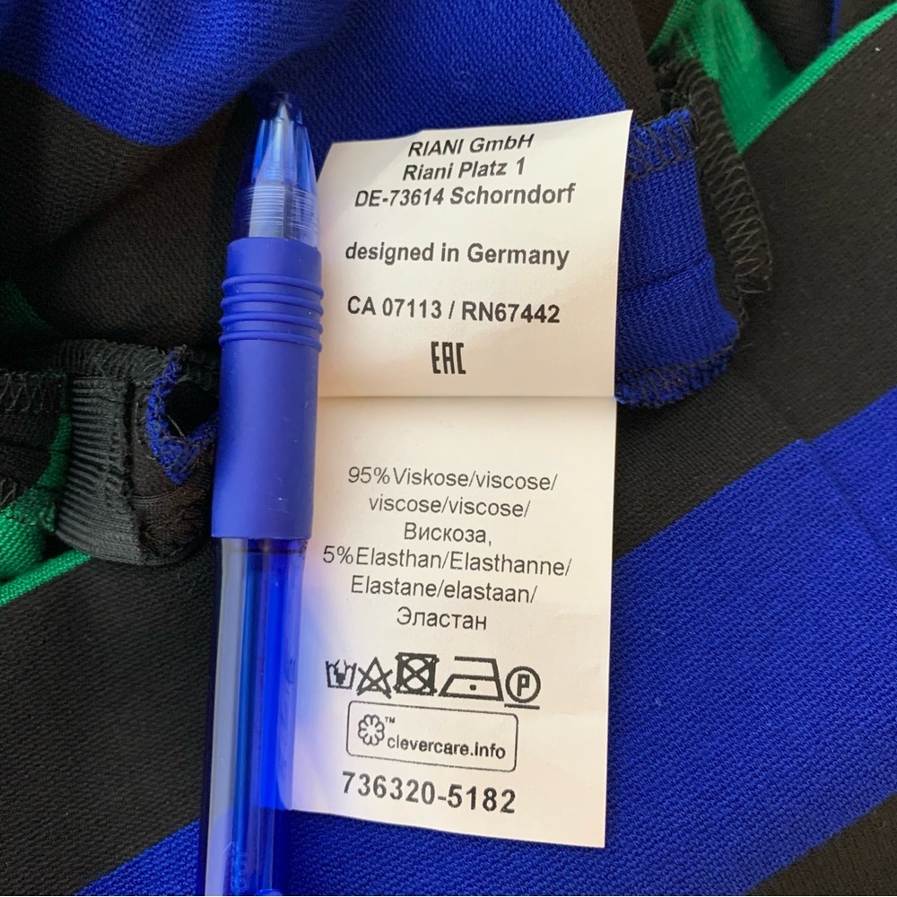 Riani Dress Striped Pockets Zip Green Blue Black Sz 10 Jersey Classic A-Line - Picture 9 of 11